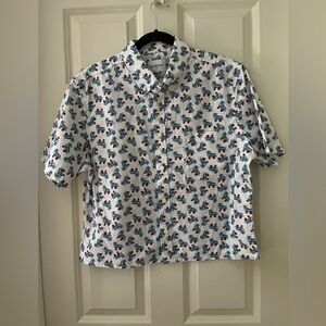 Goodfellow & Co White Blue Button Down Short Sleeve Roller Skate Shirt Slim L